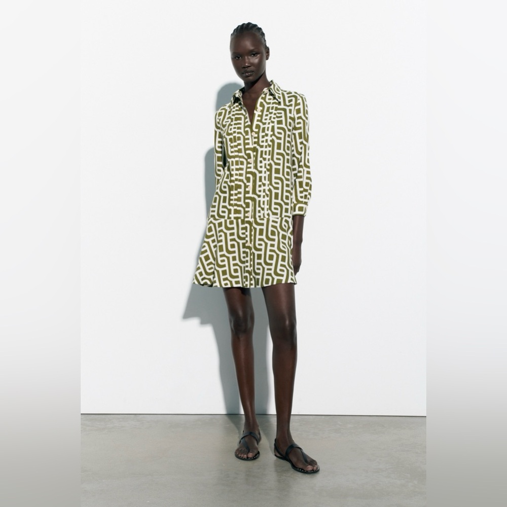 Zara - Geometric Print Linen Blend Dress - Size S